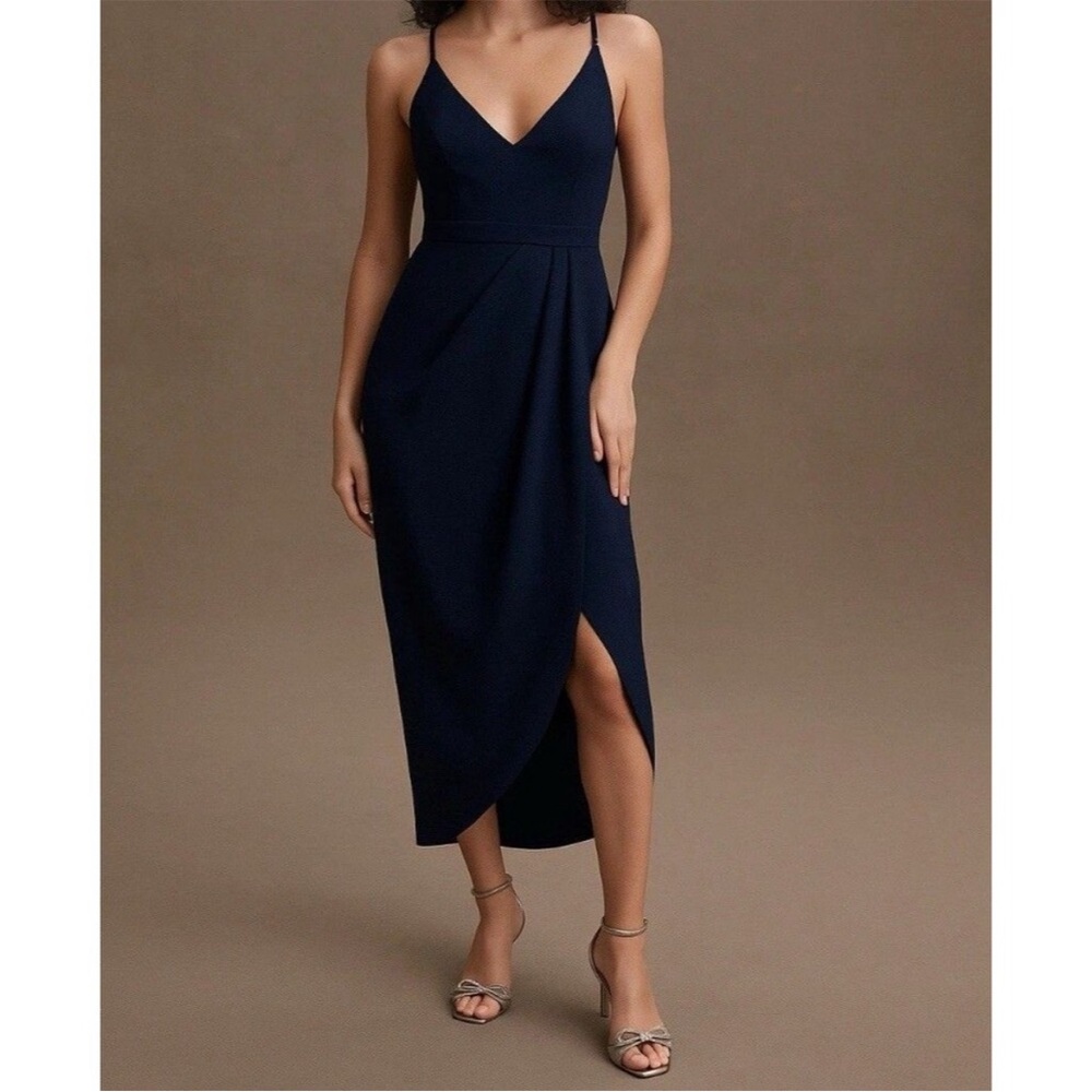 NWT BHLDN Anthropologie size 4 navy blue Lyra faux wrap dress tulip skirt formal